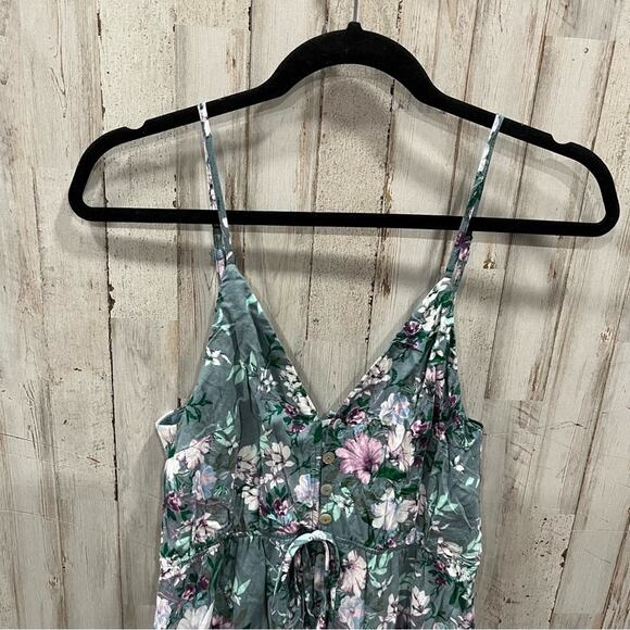 Miami Floral Green Button Front Maxi Sundress Ruffle Hem - Picture 2 of 5